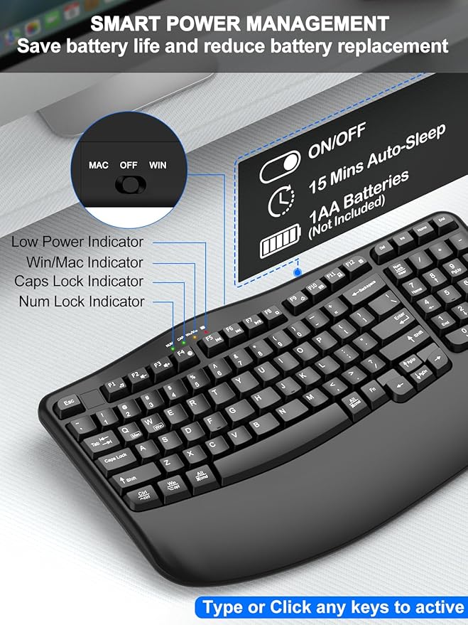 Ergonomic Wireless Keyboard with Wrist Rest, Wave Keys, Comfortable Natural Typing, 2.4GHz Ergo Wireless USB Computer Keyboard for Large Hands, Windows, Mac, Laptop, PC