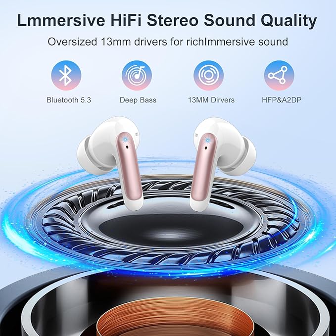 Wireless Earbuds, Bluetooth 5.3 Headphones Stereo Deep Bass with LED Display, 56H Playtime with Noise Cancelling Mic, IPX7 Waterproof in Ear Earbuds, for laptops/tablets/mobile phones/sports, Rose