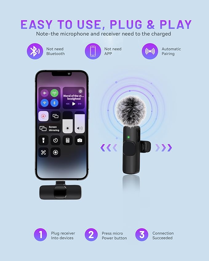 𝟮𝟬𝟮𝟰 Professional Wireless Lavalier Microphone for iPhone iPad, Wireless Microphone- 2 Pack Noise Canceling Crystal Clear Recording with USB-C, Live Streaming, YouTube, TikTok