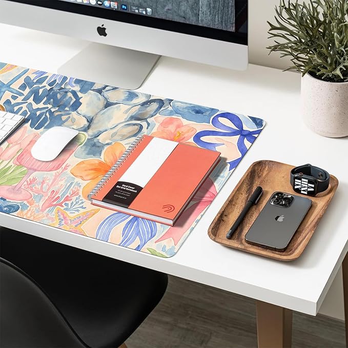 Large Mouse Pad, Watercolor Pink Desk Mat for Desktop, Women Girls Flowers PU Leather Waterproof Desk Pad, Computer PC Laptop Protector Gaming Mouse Pads for School Office Home 27.5" x 13.8"
