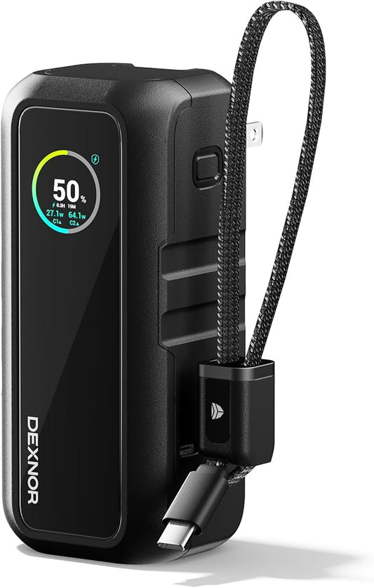 Dexnor 3-in-1 Power Bank, 15,000mAh Battery Pack with 65W Output, Foldable AC Plug, Built-in USB Handle Cable, Support PD3.0 and PPS Fast Charging, Sleek Portable Charger for iPhone, Samsung, etc.