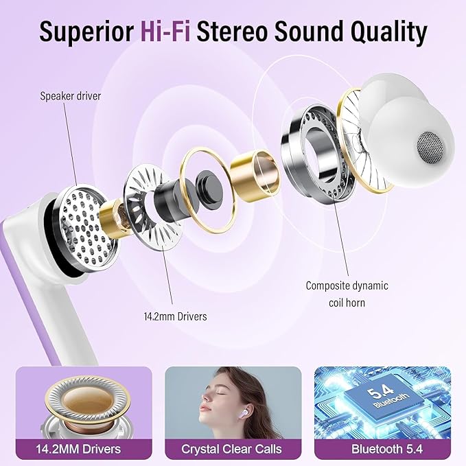 Wireless Earbuds, Bluetooth 5.4 Headphones with Multifunctional Touch Screen, 48H Bass Stereo Ear Buds with ANC/ENC Noise Cancelling/Transparency Mode, IPX7 Earphones with 5 EQ Modes, Taro purple