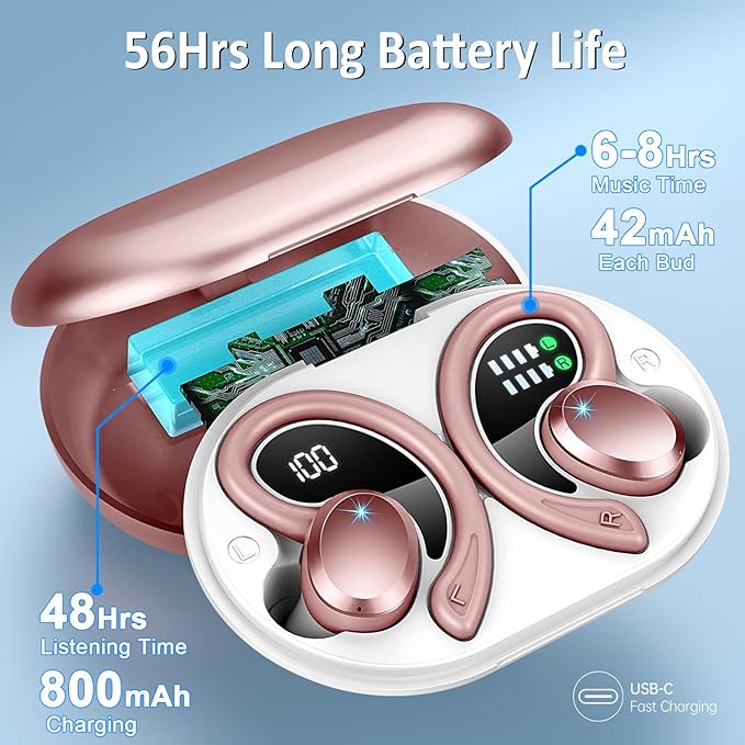 Wireless Earbuds, Sport Bluetooth 5.4 Headphones 2026 New Bluetooth Earbuds with 56Hrs Stereo, 4 ENC Mic, Noise Canceling Over-Ear Buds with Earhooks, IP7 Waterproof Earphones for Workout/Running/Gym