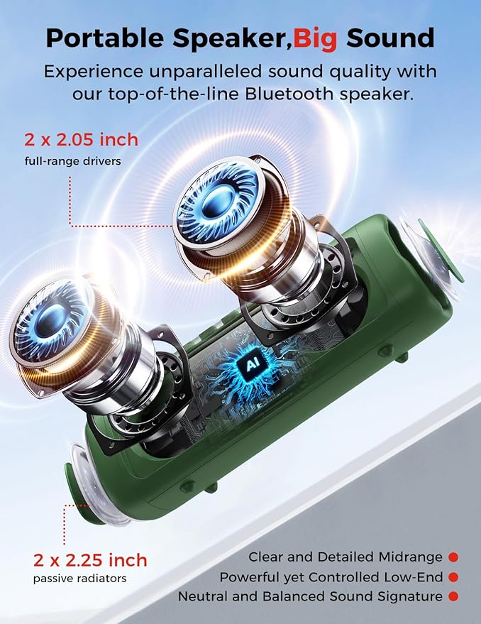 Bluetooth Speaker with HD Sound, Portable Wireless, IPX5 Waterproof, Up to 20H Playtime, TWS Pairing, BT5.3, for Home/Party/Outdoor/Beach, Electronic Gadgets, Birthday Gift (Green)