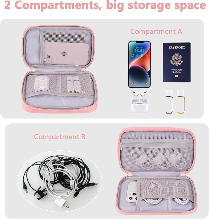 DDgro Electronics Travel Organizer, Tech Accessories Pouch Bag for Cables/Charger & Cords (Pink, PU-M)