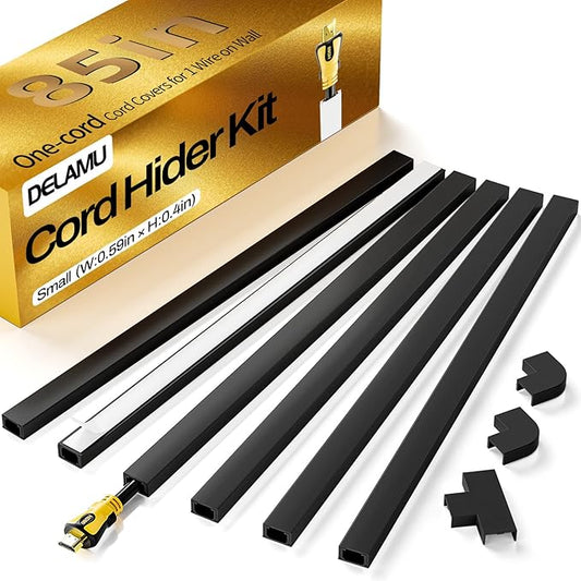 Delamu Black Cord Hider, 85in Cord Covers for Wires on Wall, One-Cord Cable Hider, Wire Hiders Wire Covers for TV Cords on Wall, Easy Mount Cable Cover Management Kit, 6X L14.2 W0.59 H0.4in, Black by DELAMU