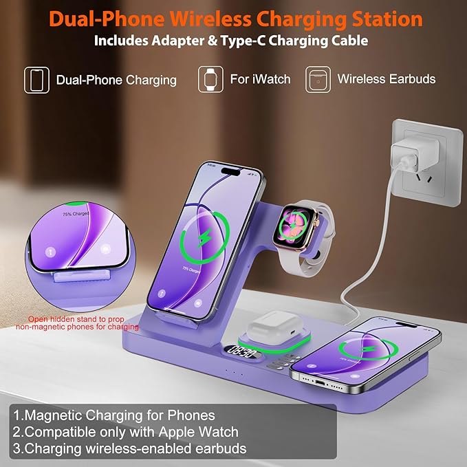 Dual Phone Magnetic Wireless Charging Station for Apple Ecosystem, Wireless Charging Station for Apple Devices with Auto Switch 7-Color Light & Clock,for iPhone17,for iwatch10, for AirPods Pro3（Puple