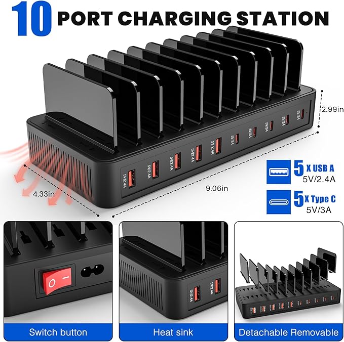 Charging Station for Multiple Devices,100W 10-Port Multi USB Charger with Power Switch,Adjustable Dividers and Type-C 3A for iPhone Galaxy iPad Tablet(Short Cables Not Included)