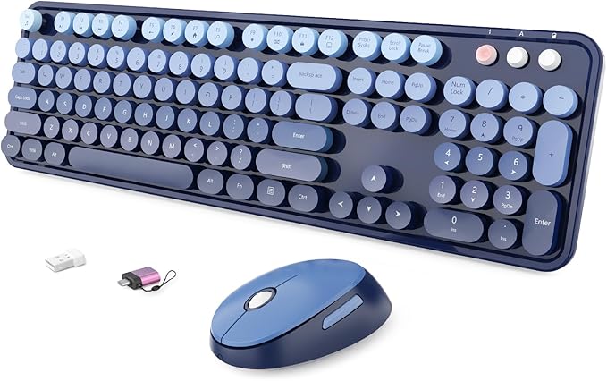 Wireless Keyboard and Mouse Combo, Ergonomic Full Size Typewriter Retro Round Keycaps Keyboard, Compatible with Windows, PC, Perfer for Home and Office Keyboards (Twilight Blue