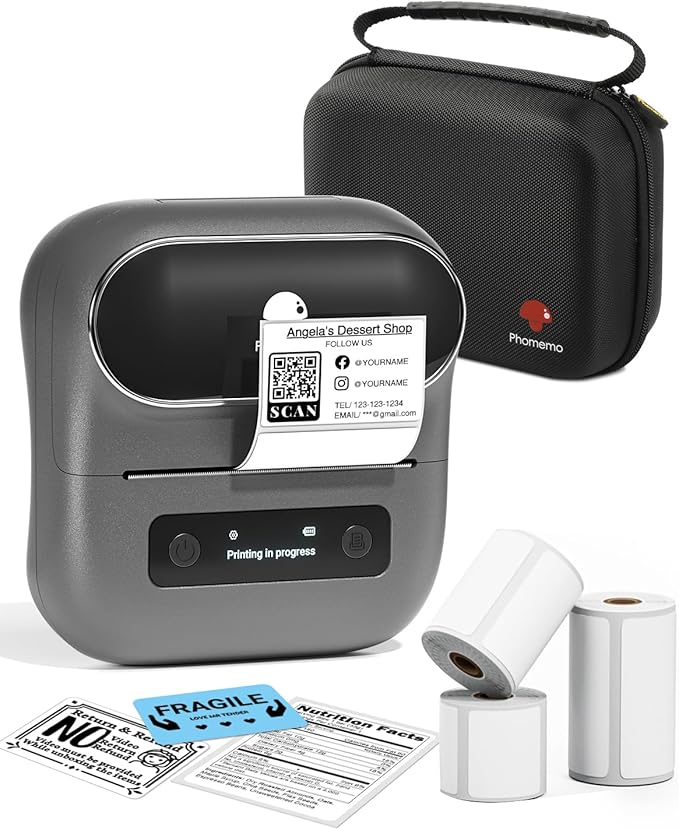 Phomemo Label Printer, M220 Thermal Bluetooth Barcode Label Maker, for Home, Office, School with Printer Case, Compatible with Phone & Laptop