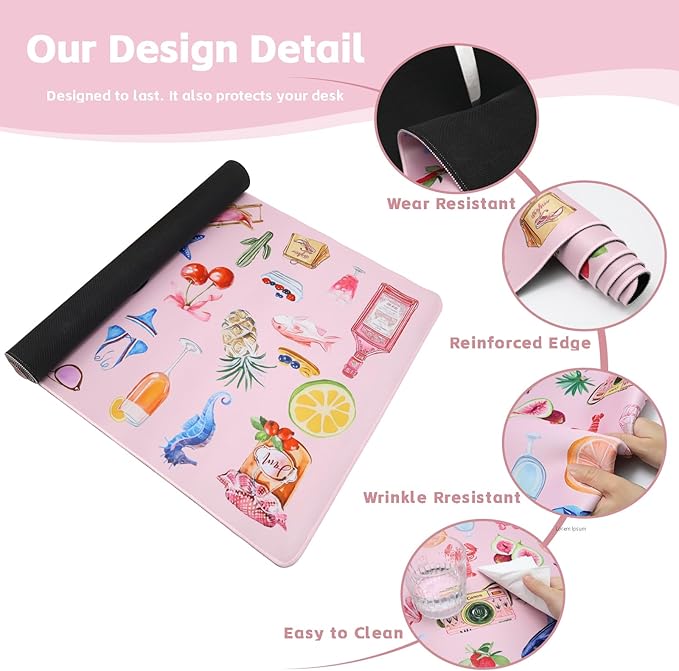 Baziabbo Pink Desk Mat,XXL Extended Large Mouse Pad,Gaming Mousepad with Stitched Edge,Non-Slip Rubber Base Keyboard Desk Pad for Home Office Study Game (Pink Stickers)