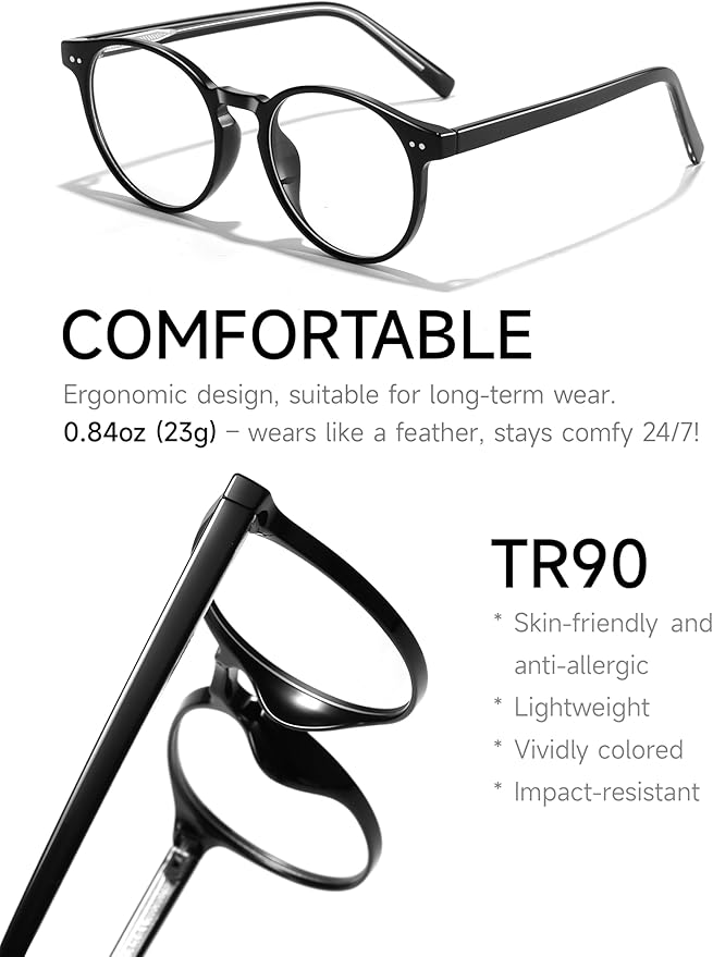 Round Blue Light Blocking Glasses Lightweight Chic Frame Anti Eye Strain Protection Computer Gaming for Women and Men
