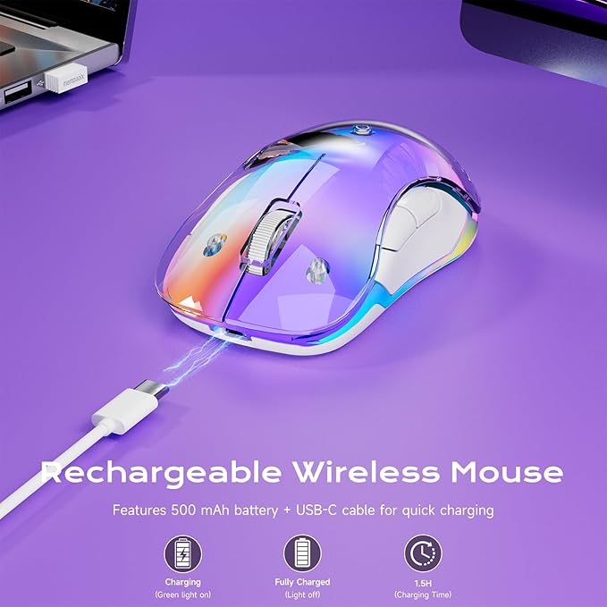 memzuoix 2.4G LED Wireless Mouse, Rechargeable Ergonomic Mouse with Detachable Cover, 1400 DPI Portable Optical Computer Mouse with USB Receiver for Laptop, PC, Desktop and MacBook, 5 Buttons-Purple