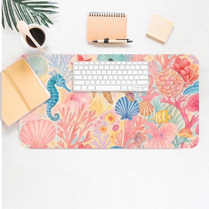 Large Mouse Pad, Pink Coral Desk Mat for Desktop, Women Girls Flowers PU Leather Waterproof Desk Pad, Computer PC Laptop Protector Gaming Mouse Pads for School Office Home 27.5" x 13.8"