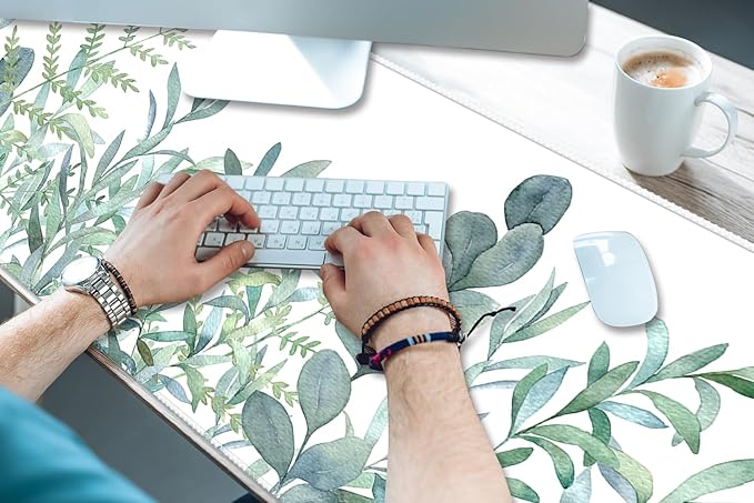 XXL Waterproof Office Desk Pad Protector 35.4x15.7 Inch - Extended Gaming Mouse Pad with Non-Slip Rubber Base, Thickened Keyboard Mat, Stitched Edges & Green Plants Design