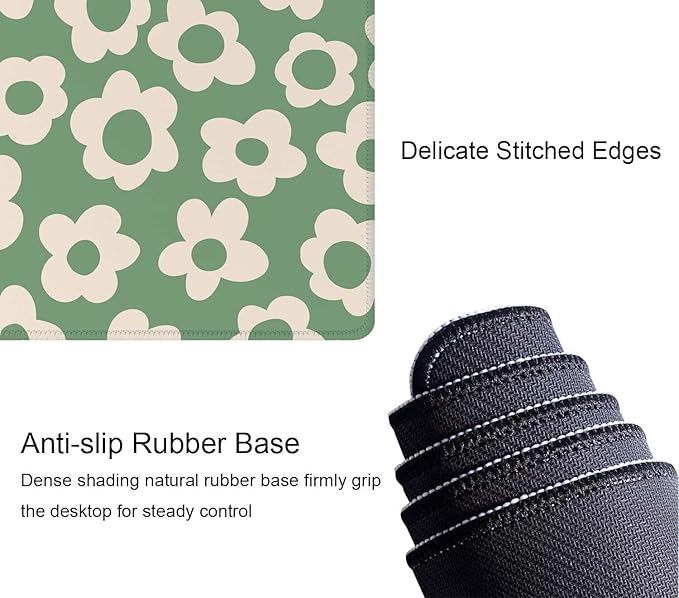 Vintage Groovy Green Flowers Gaming Mouse Pad,Extended Large Mouse Mat Desk Pad,Big Computer Keyboard Desk Pad,Stitched Edges Mousepad,3mm Thick Long Non-Slip Rubber Base Mice Pad, 31.5 X 11.8 Inch