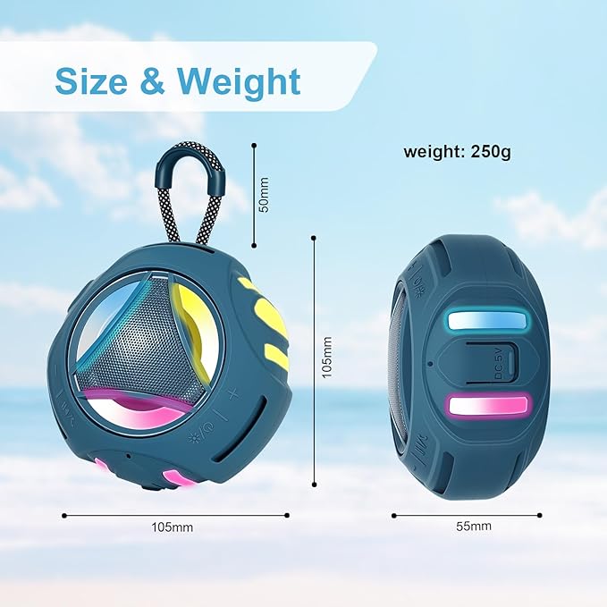 Portable Bluetooth Speaker, IPX7 Waterproof Shower Speaker, Wireless Outdoor Speakers, Floating, Built-in Mic, 24H Playtime with LED Lights, Loud HD Sound, Powerful Bass, Gifts for Unisex - Blue