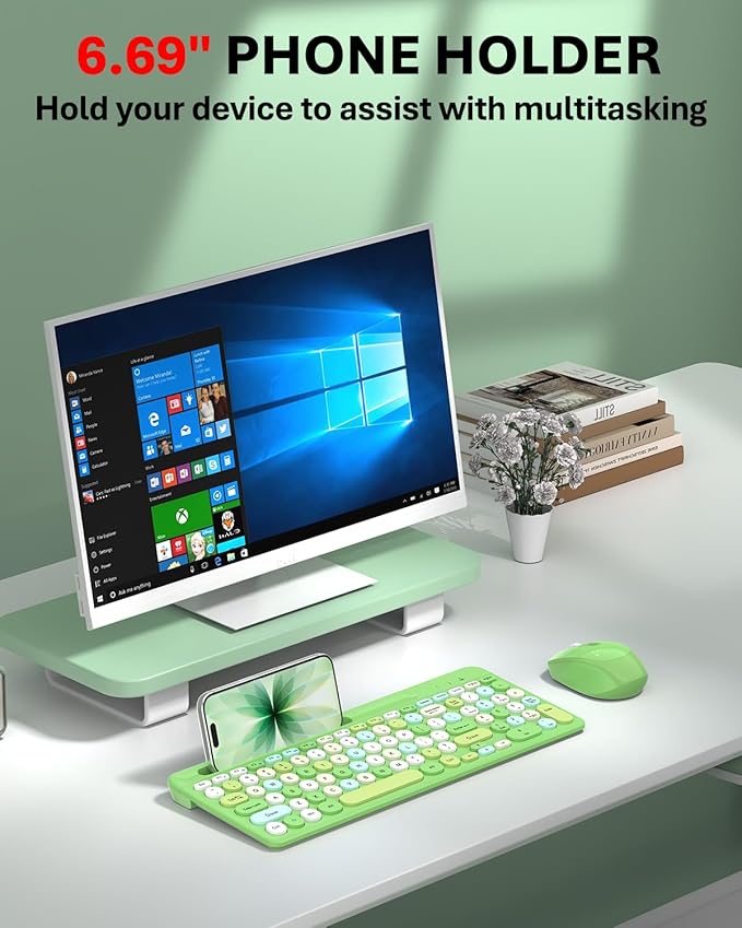 Colorful Wireless Keyboard and Mouse Combo - Round Keycaps, 2.4GHz Retro Typewriter Keyboard with Number Pad, Cute Compact USB Keyboard and Mouse for Computer PC Desktop Laptop (Green)