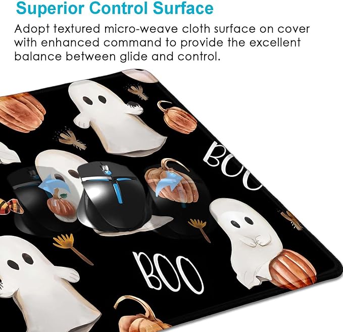 Boo Happy Halloween Large Mouse Pad, Cute Ghosts Black Desk Pad, Ripe Pumpkins Desk Mat, Computer Gaming Mouse Pad, Non-Slip Mousepad Playmat with Stitched Edges for Gamer Home & Office