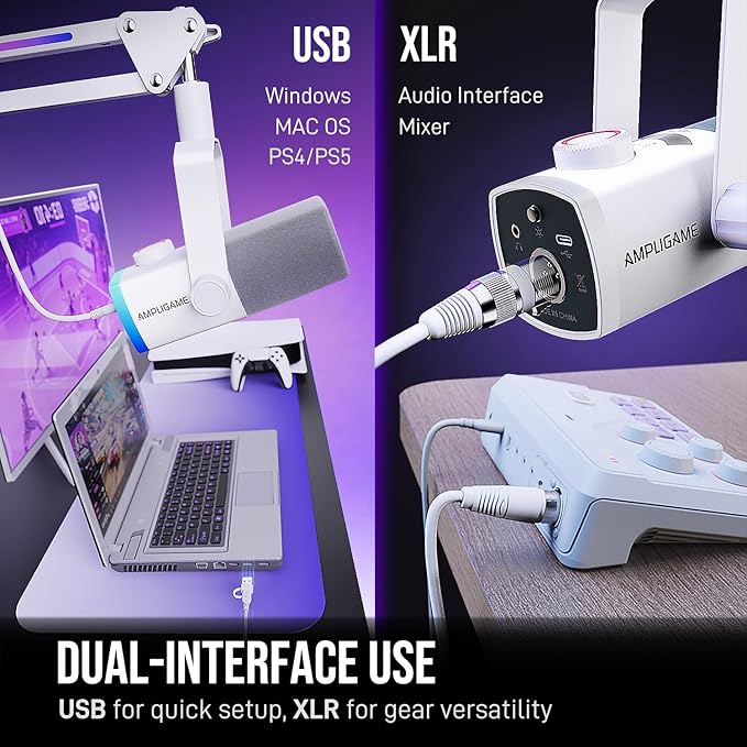 FIFINE Streaming Microphone Kit for Gaming, XLR/USB Dynamic Mic with RGB Boom Arm Stand for Podcast Vocal, PC Microphone with Mute Tap, 3-in-1 Volume Knob, Audio Balance-AmpliGame AM8PROT White