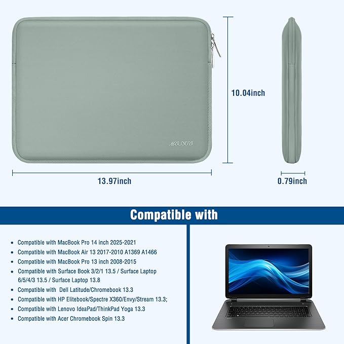 MOSISO Laptop Case 13.3 inch, 13-13.3 inch Laptop Sleeve Bag Compatible with MacBook Air/Pro 13/Pro 14 M5 M4 M3 M2 M1, HP Dell ASUS Lenovo, Neoprene Computer Sleeve Bag with Small Case, Antique Green