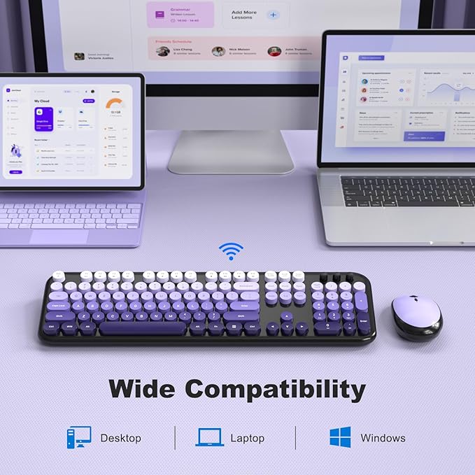 Wireless Keyboard and Mouse, Typewriter Full Size Keyboard with Number Pad and 2 in 1 USB Connected Mouse for Windows 7/8/10, Laptop, Desktop, PC, Computer (Black Purple)