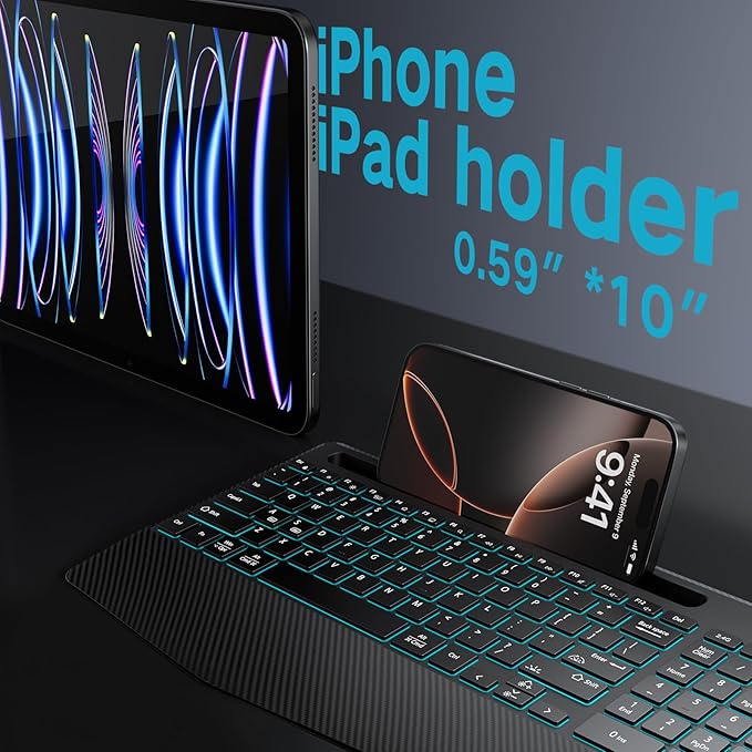 Hamile 2.4G&Bluetooth Wireless Keyboard - Light Up Keyboards with Wrist Rest - 8 Backlit Effects - Slim Rechargeable Silent with Holder for Windows, Mac, Black