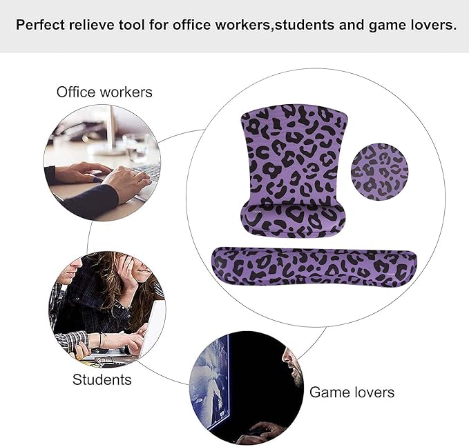 MOSISO Wrist Rest Support for Mouse Pad&Keyboard Set, Leopard Grain Ergonomic Mousepad&Coaster Non-Slip Base Home/Office Pain Relief&Easy Typing Cushion with Neoprene Cloth&Raised Memory Foam, Purple