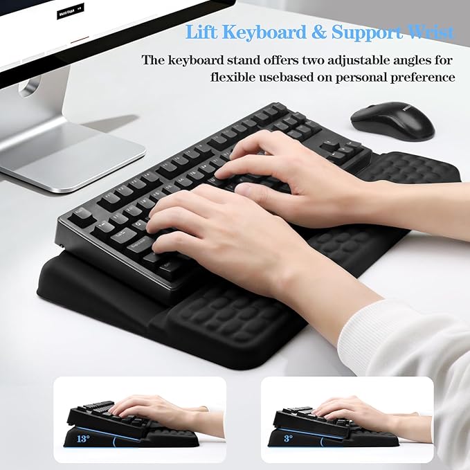 Ergonomic Keyboard Stand with Wrist Rest, Computer Wrist Support Pad, Tilted Keyboard Riser Holder Lift Tray with Wrist Pad, Easy Typing, Comfy Soft Memory Foam Desk Cushion for Office (03- Black)
