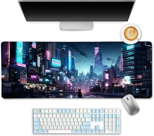 Cyberpunk Mouse Pad, Japanese Anime Cat Desk Mat, Neon Tokyo Extended Gaming Mouse Pads for Desktop Computer Laptop Office Work Game Home, 31.5x11.8 in