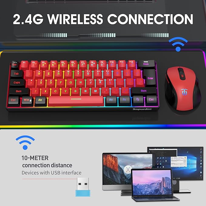 Snpurdiri 2.4G Wireless Gaming Keyboard and Mouse Combo, 60 Percent Wireless Keyboard and Ergonomic Vertical Feel Small Mouse (Black and Red)