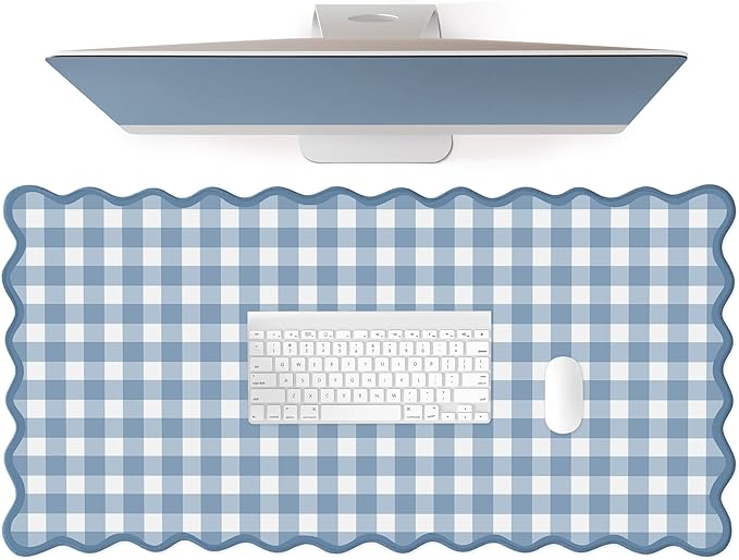 Scalloped‌ Blue Checkered Gingham Desk Mat Cute Pastel XXL Large Gaming Mouse Pad Kawaii Cottagecore ‌Vintage‌ Rustic Keyboard Computer Mat Aesthetic Desk Pad Accessories Office Decor