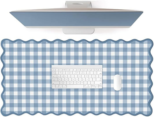 Scalloped‌ Blue Checkered Gingham Desk Mat Cute Pastel XXL Large Gaming Mouse Pad Kawaii Cottagecore ‌Vintage‌ Rustic Keyboard Computer Mat Aesthetic Desk Pad Accessories Office Decor
