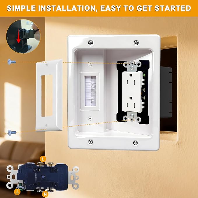 Wall Cable Concealer Kit with Recessed Tv Outlet Box-Two-Hole Socket,Tv Cable Hider Wall Kit Hider Box Fits All Plugs, Easy, Safe Cable Management - Image 4