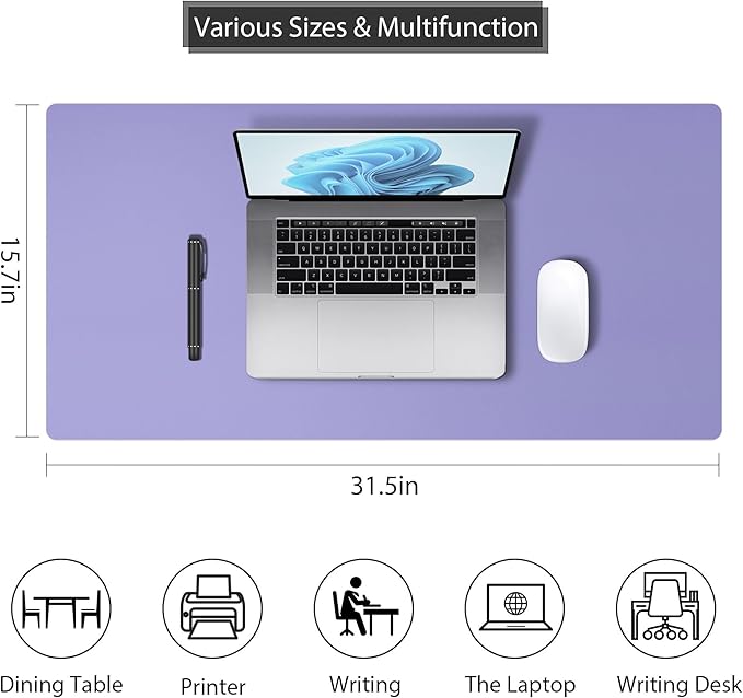 Leather Desk Pad Protector, Mouse Pad, Non-Slip Computer Mat for Desk, PU Leather Office Desk Mat for Home & Office, Waterproof Laptop Desk Blotter for Keyboard and Mouse, Taro Purple (15.7''X31.5'')