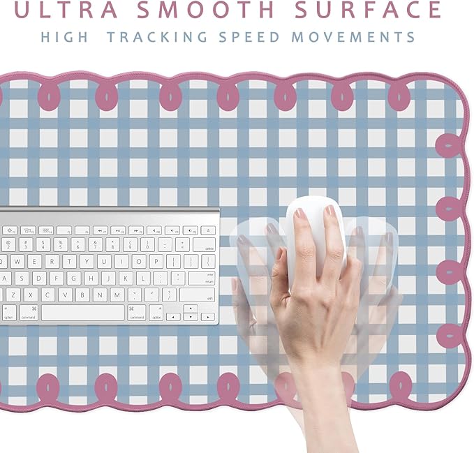 Cute Pink Blue Scalloped Desk Mat Pastel Checkered Large Mouse Pad Kawaii Aesthetic Retro Vintage Cottagecore Office Girl Desk Decor Stitched Pad for Computer Keyboard & Mouse 31 * 15.7in