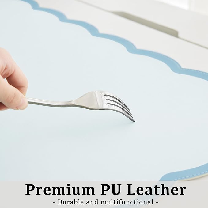 Scalloped Desk Mat, 31.5" x 15.7" Large Cute Blue Aesthetic Desk Accessories, PU Leather Computer Laptop Desk Mat Mouse Keyboard Pad, Desk Writing Makeup Mat for Vanity/Work/Home Decor