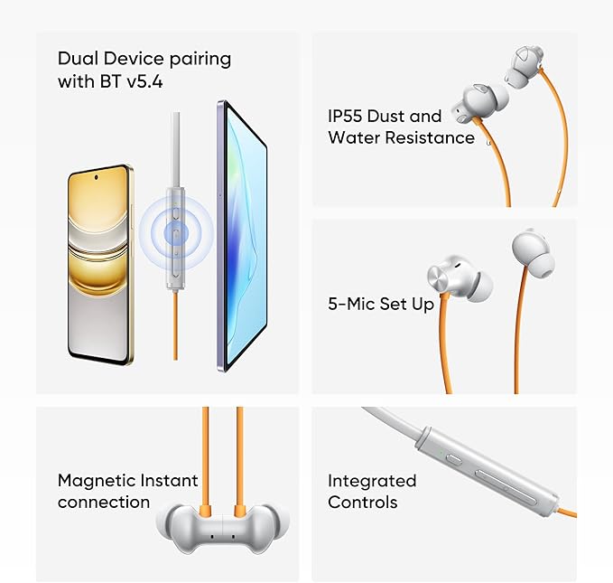 realme Buds Wireless 5 ANC in Ear Bluetooth Headphones, 50dB ANC, 13.6mm Dynamic Bass Driver, 360° Spatial Audio, 45ms Low Latency, Upto 38hrs Playback, IP55 Rating, Dual Device Connection - (Silver)