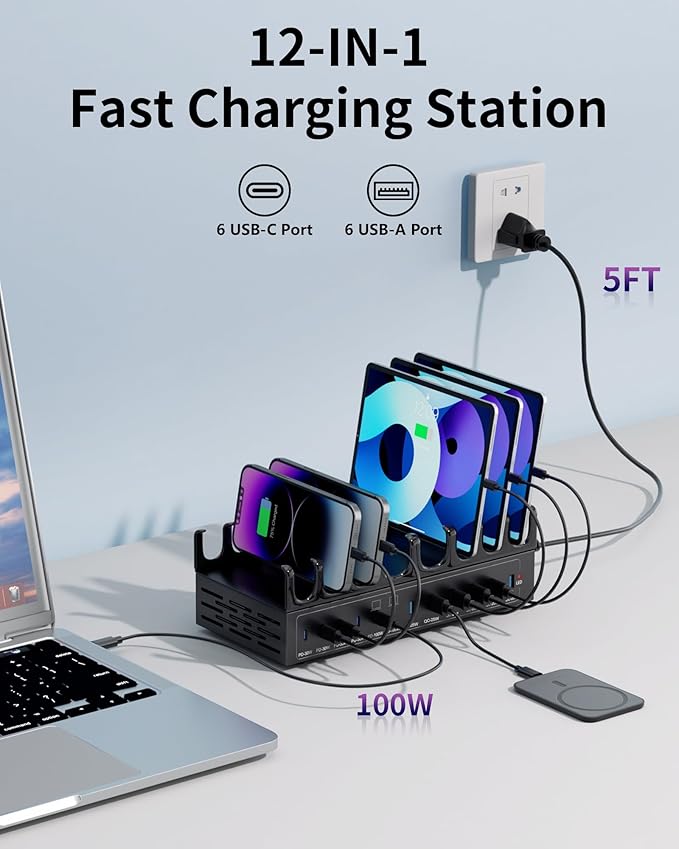 600W Charging Station for Multiple Devices, 12-Port USB C Charging Station with Dual 100W PD PPS, Multi Device Fast Charger Dock for MacBook Pro Laptop, iPhone, iPad, Tablet, Cell Phone
