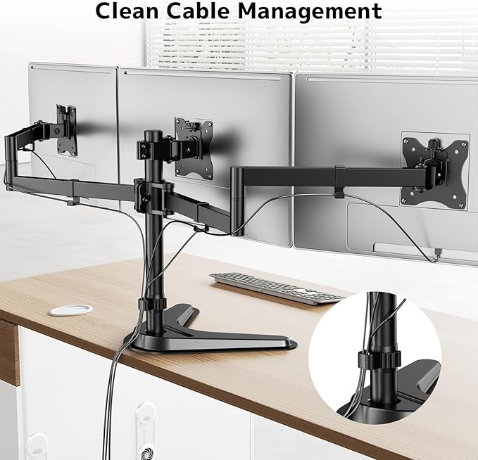 Triple Monitor Stand, Heavy Fully Adjustable Motion Mount Fits 3 Screens up to 27 inch, Free Standing Desk Stand with Base and Cable Management, 22 lbs Weight Capacity per Arm, Black