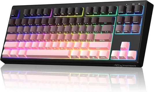 M87V2 87 Keys Membrane Gaming Wireless Keyboard,80% TKL Layout Side Printed Keys Retro Cute Creamy,RGB Backlit 4000mAh 2.4G/BT/Wired Computer Silent Keyboard for MAC PC-Gradient Pink