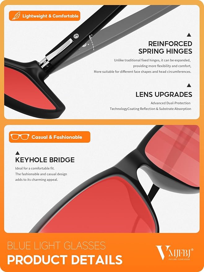 VMJFBJ Blue Light Blocking Glasses for Men Woman, Anti Blue Light Glasses for Better Sleep Computer Use Gaming with Red Lens Reduce Eye Strain