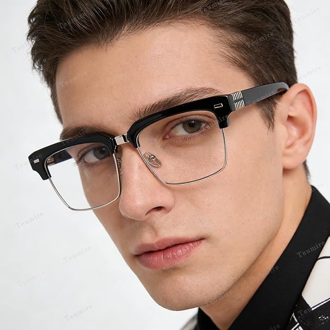 Semi Rimless Rectangle Blue Light Glasses Men Women Black Square Eyewear