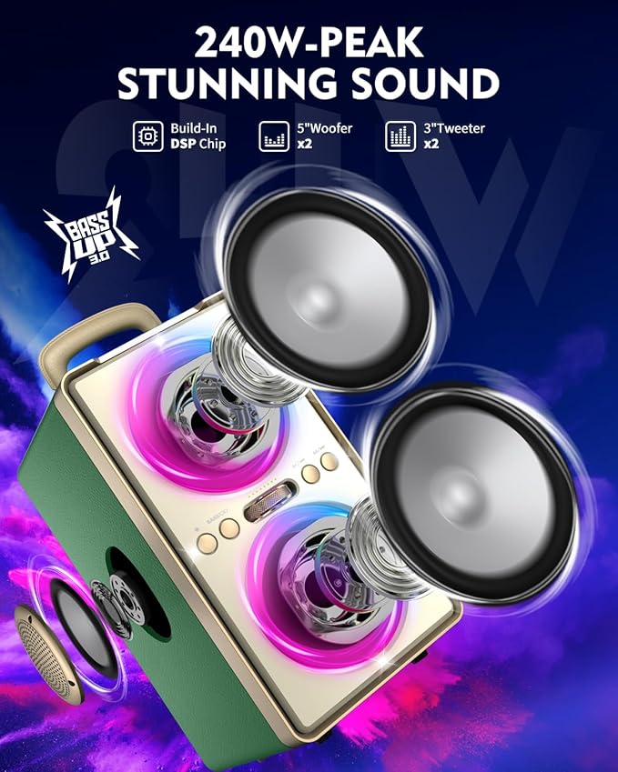 Bluetooth Speaker, 240W Peak Loud Party Speaker with Big Bass, 20H Playtime, TWS, BT5.3, Large Portable Wireless Boom Box with LED Light for Outdoor Backyard Beach Home (Leather Green)
