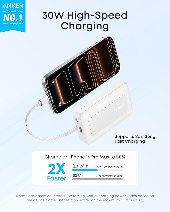 Anker Portable Charger, 10,000mAh 30W Power Bank, USB-C in and Out Fast Charging Battery Pack, Travel Essential Phone Power Bank, for iPhone 17/16, Galaxy and More (White, 10000, Milliamp Hours)