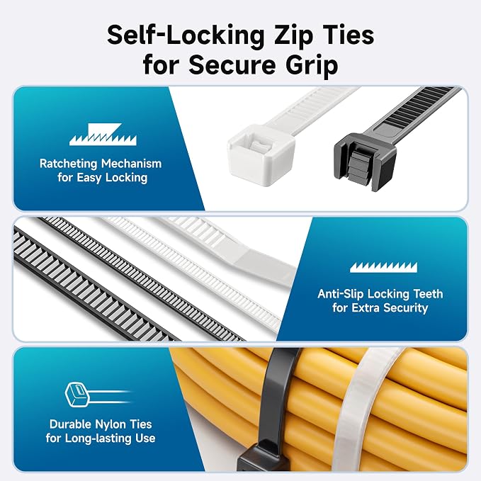 Cable Matters 200-Pack Cable Ties for Indoor and Outdoor, 6, 8, 12-Inch Self-Locking Nylon Zip Ties Assorted Sizes, Tie Wraps for Multiple Use, Self Locking Zipties, in Black and White - Image 4