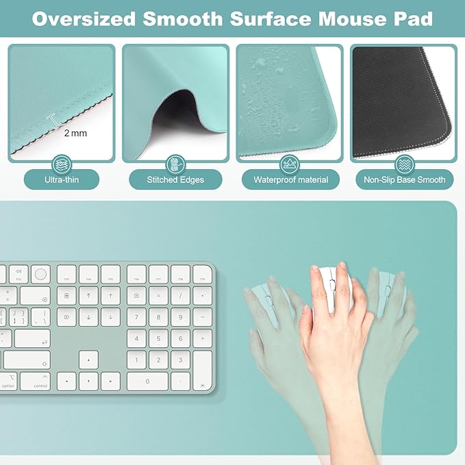 4-in-1 Large Gaming Mouse Pad, Keyboard Wrist Rest Pad & Wrist Support Mousepad Set, Extended Desk Pad Waterproof Desk Mat Protector for Home Office Decor Study Game 35.4×15.7 Inches I Mint Green