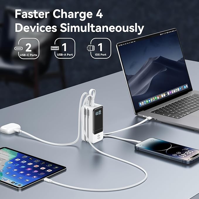 Fast Charging Power Bank 18400mAh 65W Portable Laptop Charger, LCD Display, Travel Essential Battery Pack with Built-in USB-C & Lightning Cables for iPhone 16/15/14/13/12 MacBook Samsung