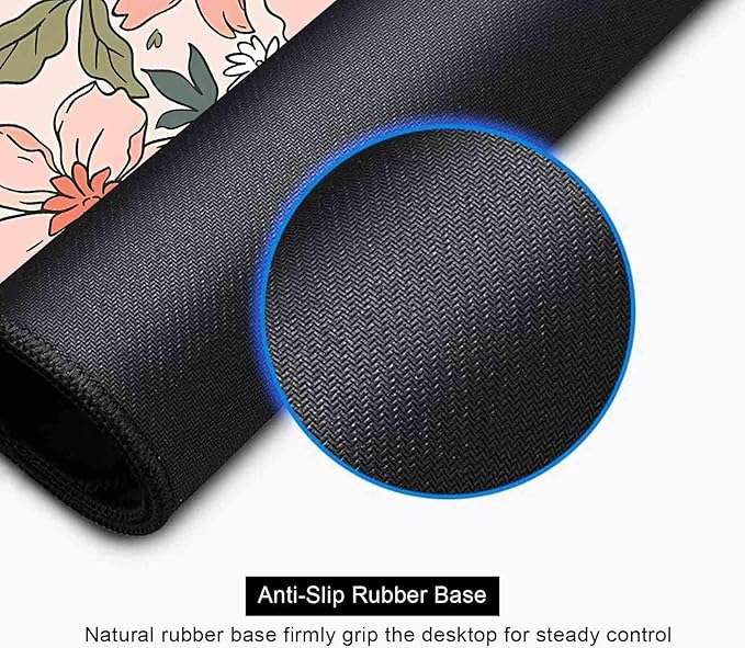 Pink Blue Floral Desk Mat Cute, XL Green Leaf Flowers Extended Mousepad, Non-Slip Rubber Base Stitched Edge Large Mouse Pad Desk Pad for Women Gamer Office,Computer Accessories,31.5 X 11.8 in