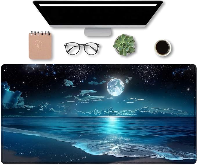 Moon Illuminating The Clear Blue Ocean Design Large Mouse pad,Large Extended Gaming Mouse Pad with Stitched Edges,Non-Slip Natural Rubber Base,Waterproof Computer Mouse Pad Keyboard Mat